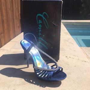 Camile La Vie Navy Satin Bling Peep Toe Heel